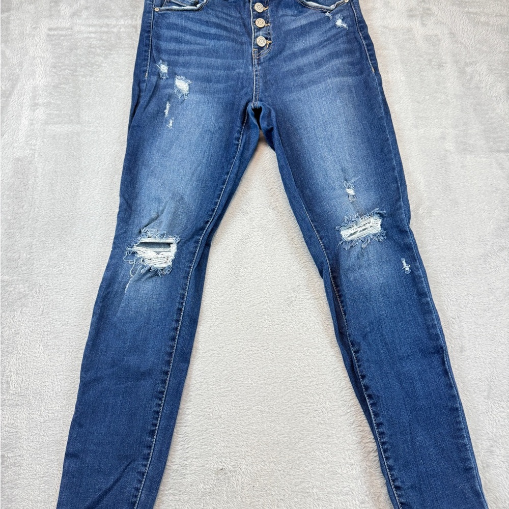 Enjean High Rise 5 Button Skinny Women's Distressed Blue Jeans